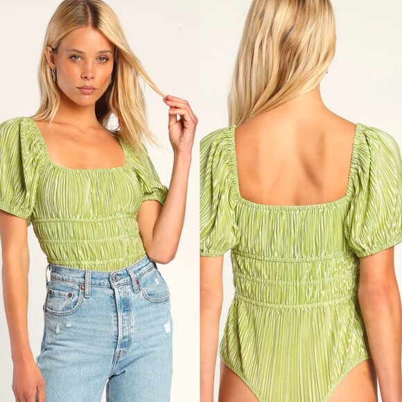 LULUS Plissed to Meet You Lime Green Puff Sleeve Plisse Bodysuit Chartreuse - Picture 1 of 9